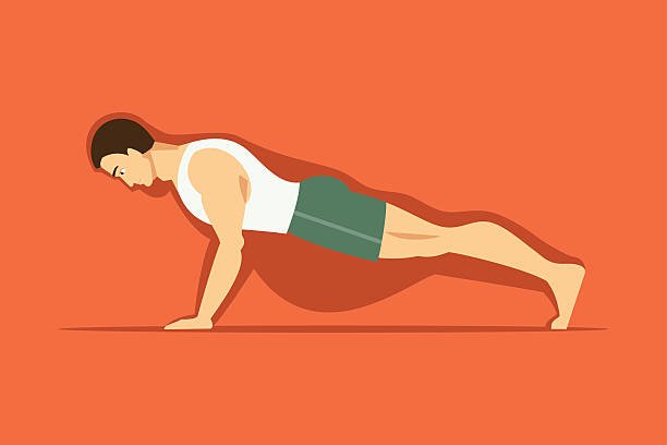 Illustration of a busy professional doing a push-up in a 30-minute workout, wearing a white tank top and green shorts, with a shadow highlighting proper form against an orange background.