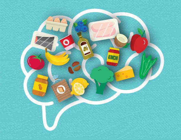 "A colorful illustration of various brain-boosting foods and supplements arranged in the shape of a brain, including eggs, blueberries, salmon, coconut, apples, bananas, tomatoes, olive oil, kimchi, peanut butter, bread, lemon, broccoli, cheese, and leafy greens, on a light blue background."