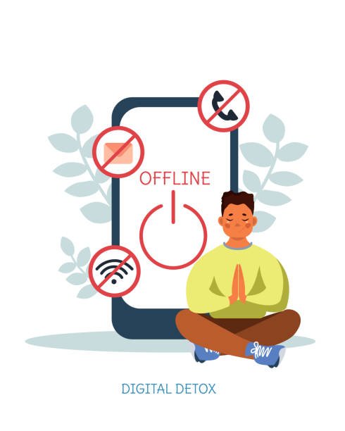 An illustration of a man meditating in front of a smartphone with an "Offline" power button icon, surrounded by symbols of disconnected notifications, Wi-Fi, and calls, emphasizing a digital detox.