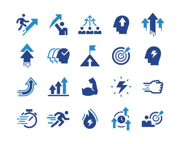 A collection of blue performance and productivity icons including arrows, targets, stopwatch, muscle flex, lightning bolt, and speed figures representing growth, focus, and self-discipline.