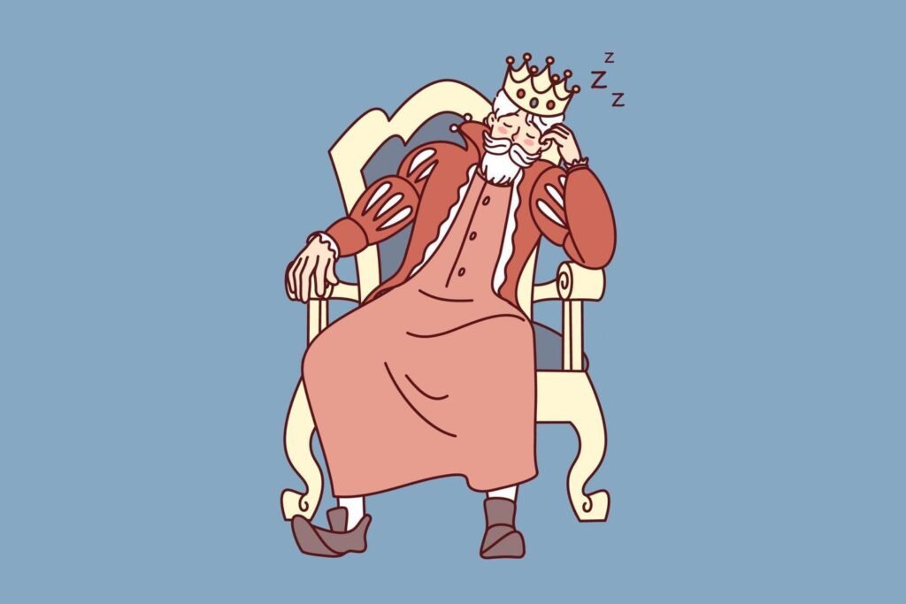 Cartoon illustration of a king sleeping peacefully on a royal throne.