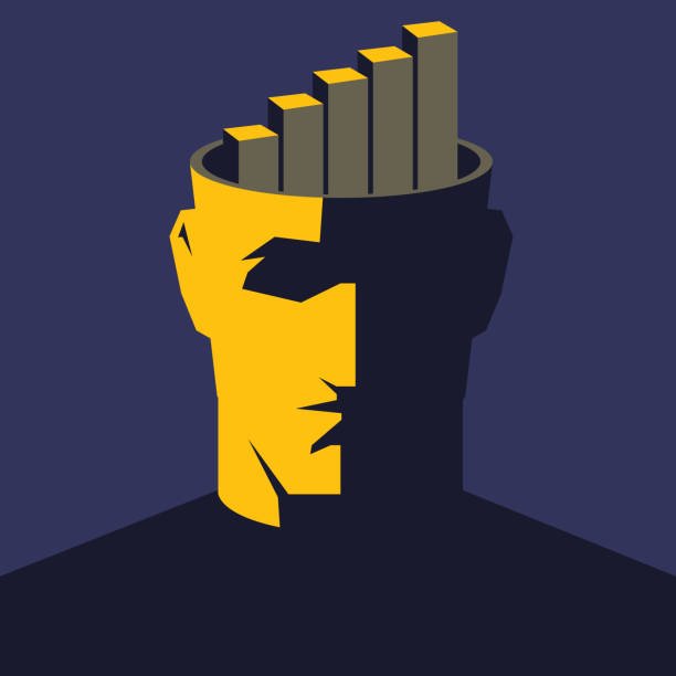 "A stylized illustration of a man's head in profile, split between a yellow foreground and a dark shadow, with a series of rising bar graphs emerging from the top, symbolizing mental growth and performance on a deep blue background."