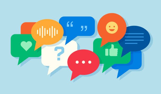 Illustration of colorful speech bubbles with various icons, including a heart, question mark, thumbs up, smiley face, voice waves, and quotation marks, representing authentic networking conversations on a light blue background.