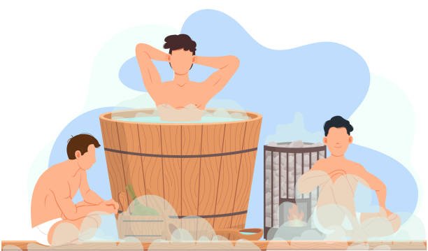 Illustration of three men relaxing in a sauna and hot tub, representing the use of saunas to potentially increase testosterone, set against a light blue background.