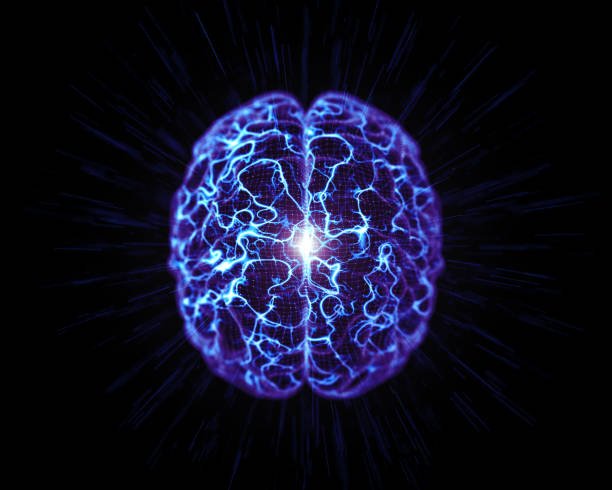 Digital illustration of an electrified human brain glowing with neural energy against a dark background, symbolizing enhanced cognitive performance.