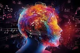 Colorful visual of a human head surrounded by sound waves and music notes, representing how playlists influence the mind through sound.