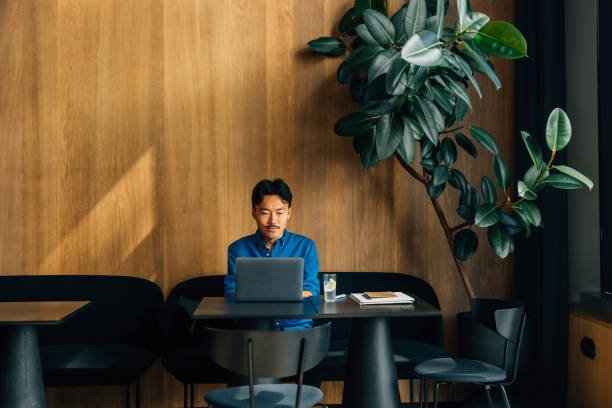 A man working on a laptop in a minimalist workspace with a plant, symbolizing digital minimalism and decluttering for mental clarity.