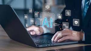 A man working on a laptop with a holographic AI interface displaying icons, symbolizing AI tools for self-improvement.