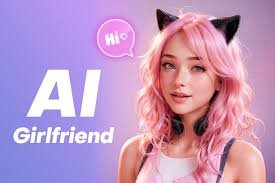 A digital illustration of a woman with pink hair and cat ears, wearing headphones, with a "Hi!" speech bubble and "AI Girlfriend" text, set against a colorful background.