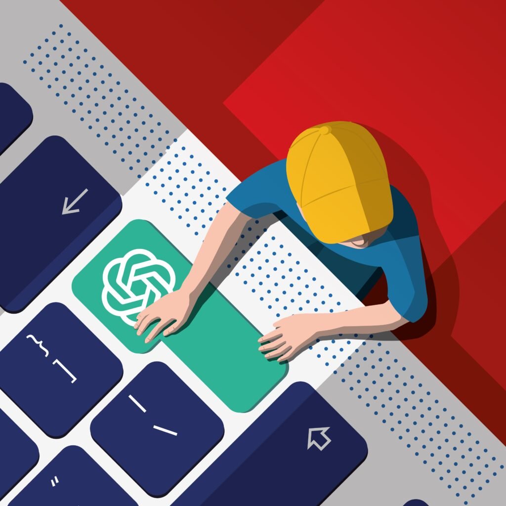 A person wearing a yellow cap and blue shirt types on a keyboard with a prominent green key featuring the xAI logo, symbolizing the use of AI tools like ChatGPT to simplify daily tasks for modern men.