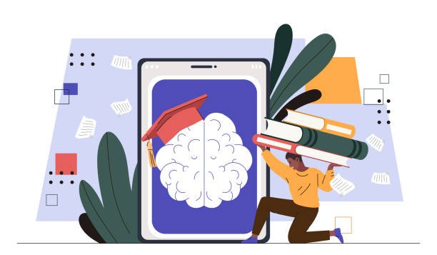 A person in a yellow shirt kneels and balances books on their head, with a brain wearing a graduation cap displayed on a tablet screen, symbolizing online learning for brainpower.