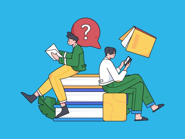 Two people sitting on a stack of books, one reading a book with a question mark above their head and the other using a smartphone with an open book, representing the choice between speed reading and deep reading.