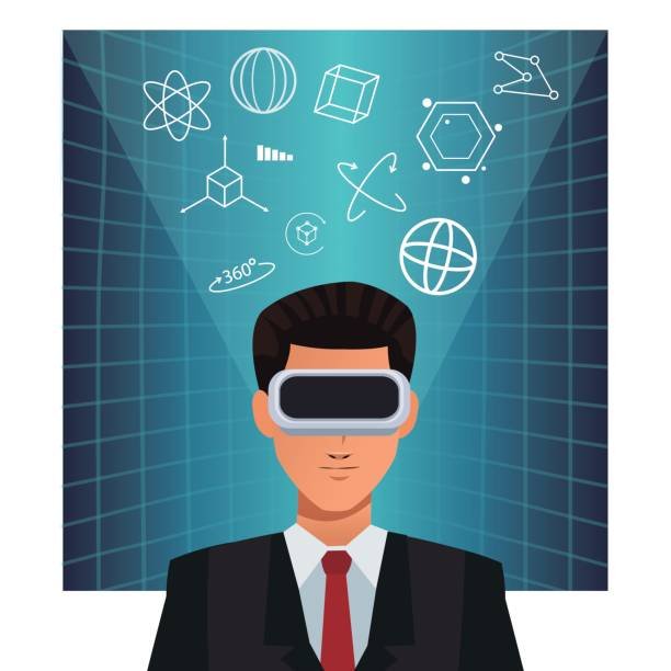 A professional wearing a VR headset, surrounded by floating icons representing science, technology, and learning, symbolizing the use of virtual reality for skill acquisition in 2025.