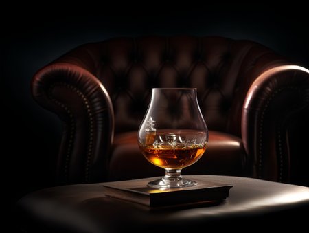 a leather armchair a glass of bourbon and a record