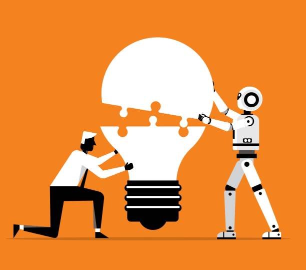 A person in a suit and a robot collaborate to assemble a puzzle-shaped lightbulb, symbolizing the partnership between humans and AI productivity tools in 2025.