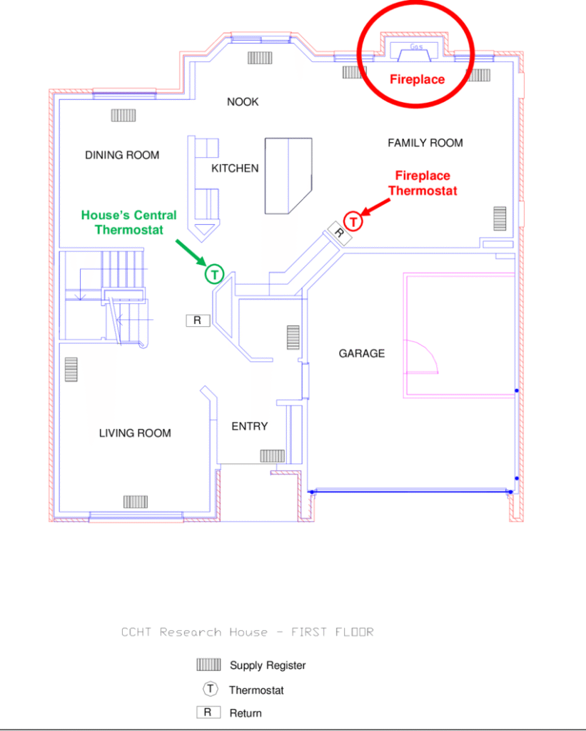 sketch a floor plan with a central fireplace