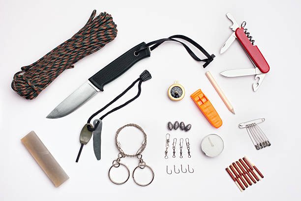 A flat lay of essential survival tools for a wilderness adventure kit, featuring a fixed-blade knife, paracord, compass, and a multi-tool on a white background.
