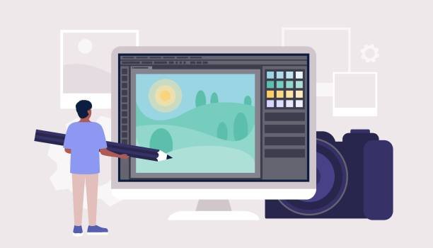 Illustration of a person using a large pencil to edit a landscape image on a computer screen, with a camera and other tools nearby, symbolizing photo and video editing, alongside the title "2025’s Best Photo & Video Editing Software for Beginners: Top 15 Easy & Powerful Tools to Start Creating Today."