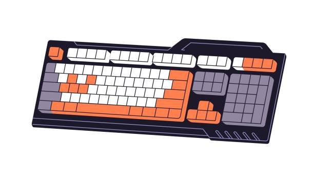 A stylized illustration of a modern mechanical keyboard for gaming, with orange highlighted WASD and function keys.