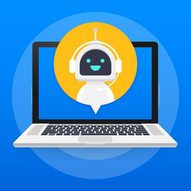 An illustration of a friendly AI assistant chatbot emerging from a laptop screen, ready to help boost productivity.