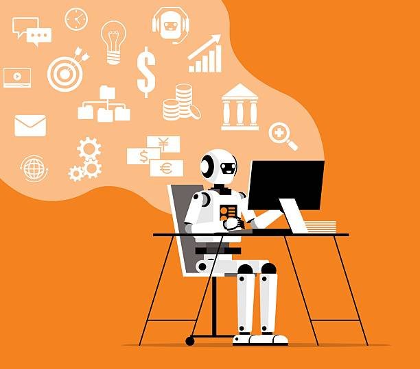 An illustration of an AI robot sitting at a desk and working on a computer, efficiently managing various side hustle tasks represented by icons like money, charts, and ideas.