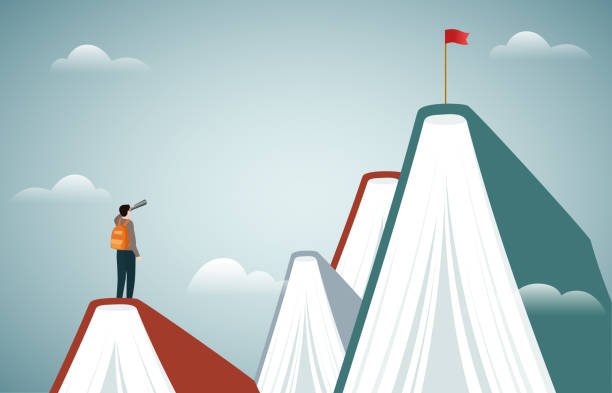 An illustration of a man with a backpack using binoculars on a book-shaped mountain peak, with more book mountains and a red flag ahead under a cloudy sky.