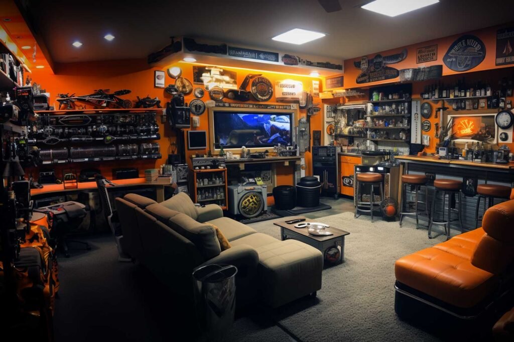 A vibrant orange man cave with a sofa, bar stools, TV, and shelves filled with memorabilia, showcasing a budget friendly & functional garage build.