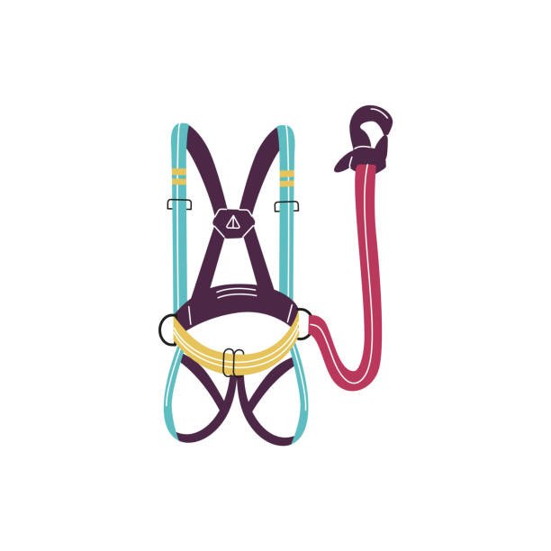 A colorful illustration of a full-body climbing harness, a crucial piece of safety equipment and essential climbing gear for beginners.