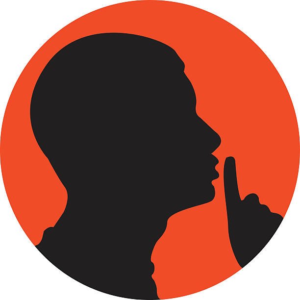 A silhouette of a man's profile with his finger to his lips in a "shush" gesture, set against an orange circular background, symbolizing silent power and confidence.