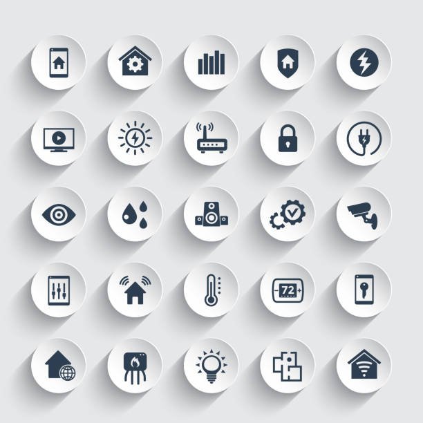 A collection of 25 icons representing various smart home gadgets, including a smartphone, house, gear, signal bars, lock, power plug, camera, speaker, thermometer, and light bulb, arranged on a gray background.