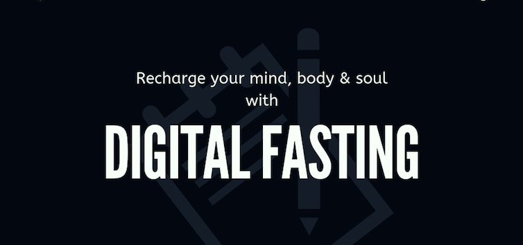 Image with a dark background featuring the text "DIGITAL FASTING" in large white letters, accompanied by the phrase "Recharge your mind, body & soul with" and a subtle tech icon, aligned with the title "Digital Fasting: 7 Powerful Ways Men Can Reclaim Their Senses Through Tech Abstinence."
