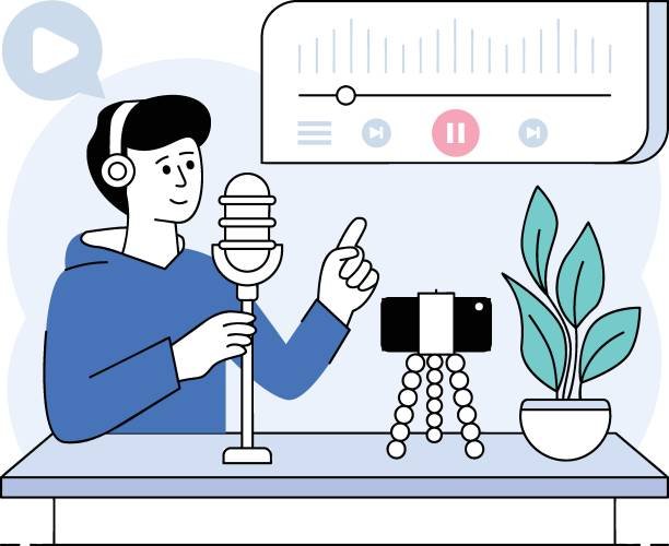 An illustration of a man recording a podcast with a microphone and smartphone on a tripod, with a digital play button and sound wave display, set on a desk with a plant.