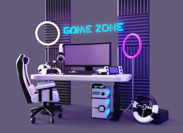 A 3D render of a complete dream gaming setup. Includes an ergonomic gaming chair, curved monitor, PC tower with blue lights, and peripherals like a racing wheel and headset, all illuminated by vibrant neon lights against a purple wall with acoustic panels.