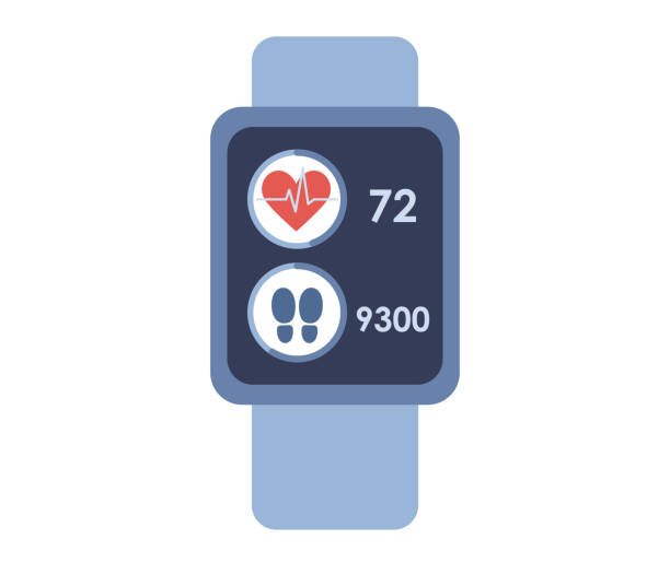 An illustration of a blue fitness tracker watch face showing a heart rate of 72 and a step count of 9300.