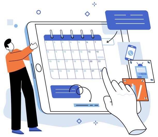 An illustration of a man using a digital habit tracker app on a large tablet, with a calendar to schedule and monitor personal growth goals like screen time.