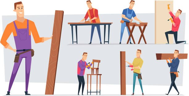 A confident man in overalls with a large wooden plank, surrounded by smaller scenes of men woodworking, assembling furniture, and installing a door indicating the hands-on hobbies for men.