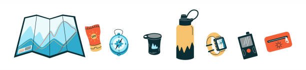 Illustration of hiking essentials including a map, sunscreen, compass, cookware, water bottle, smartwatch, GPS device, and a wallet, arranged in a row.