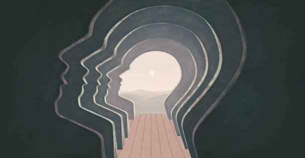 An artistic illustration of multiple layered human head profiles forming a tunnel, with a wooden path leading to a serene landscape and sunrise, symbolizing inner growth and philosophy.
