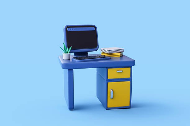 A stylized 3D illustration of an organized minimalist desk setup, featuring a blue computer and desk with yellow drawers and a small plant.