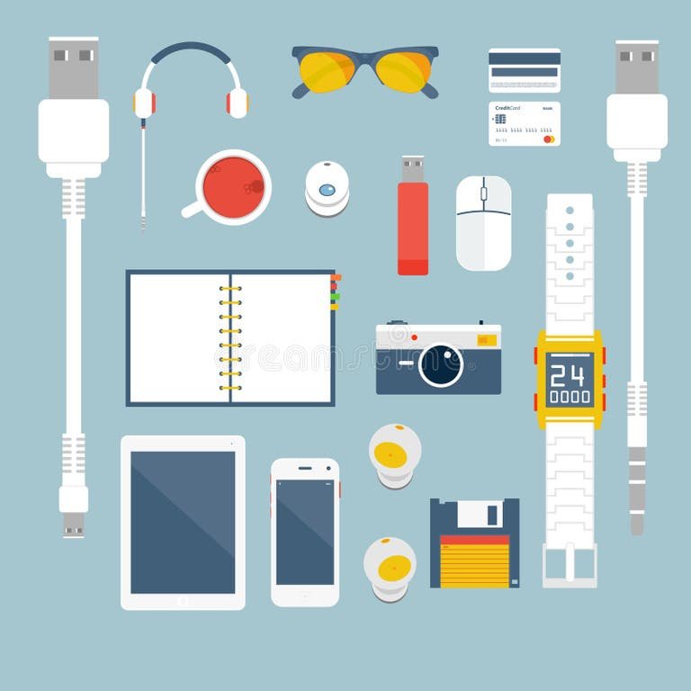 A flat lay illustration of various minimalist tech gadgets, including a smartphone, notebook, and camera, organized neatly on a light blue background.
