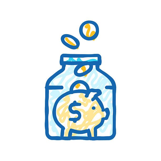 A simple illustration of a piggy bank inside a glass jar with coins floating above, symbolizing modern saving and frugality.