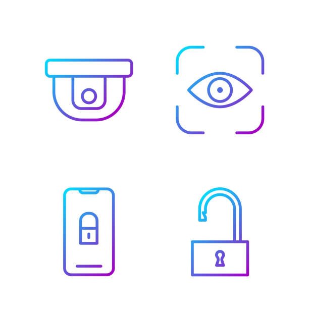 Four icons representing motion sensor gadgets and home security: a dome camera, an eye for motion detection, a smartphone app, and a padlock.