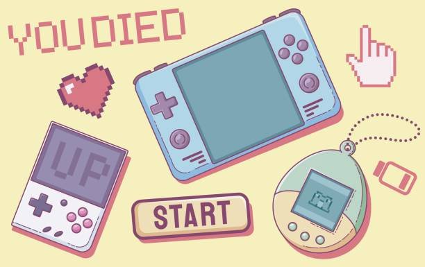 A vibrant illustration featuring retro gaming devices, including a Game Boy, a Tamagotchi, and a pixelated cursor, with elements like a "START" button, "YOU DIED" text, a pixel heart, and a battery icon, set against a light yellow background.