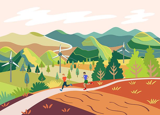 Illustration of two men running on a trail in a vibrant landscape with wind turbines and mountains, symbolizing silent sports, alongside the title "Silent Sports: 5 Powerful Ways High-Value Men Are Building Focus & Mental Strength."