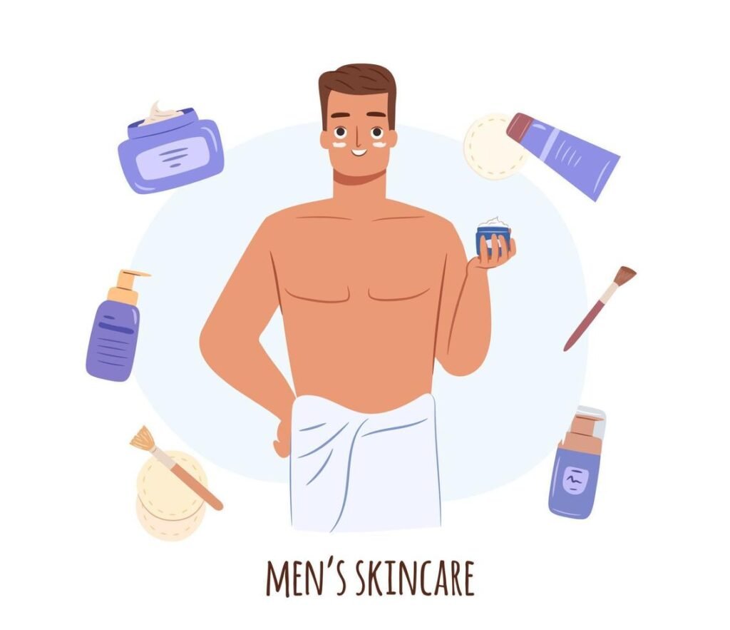 A man applying skincare products with a brush, showcasing a grooming routine, set against a clean background.