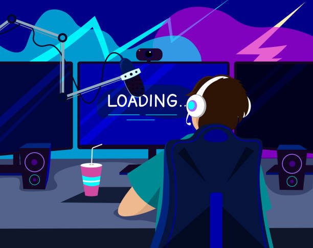 An illustration of a streamer getting ready to go live in their dream budget-friendly streaming studio, featuring essential gear like a microphone, webcam, and multiple monitors.