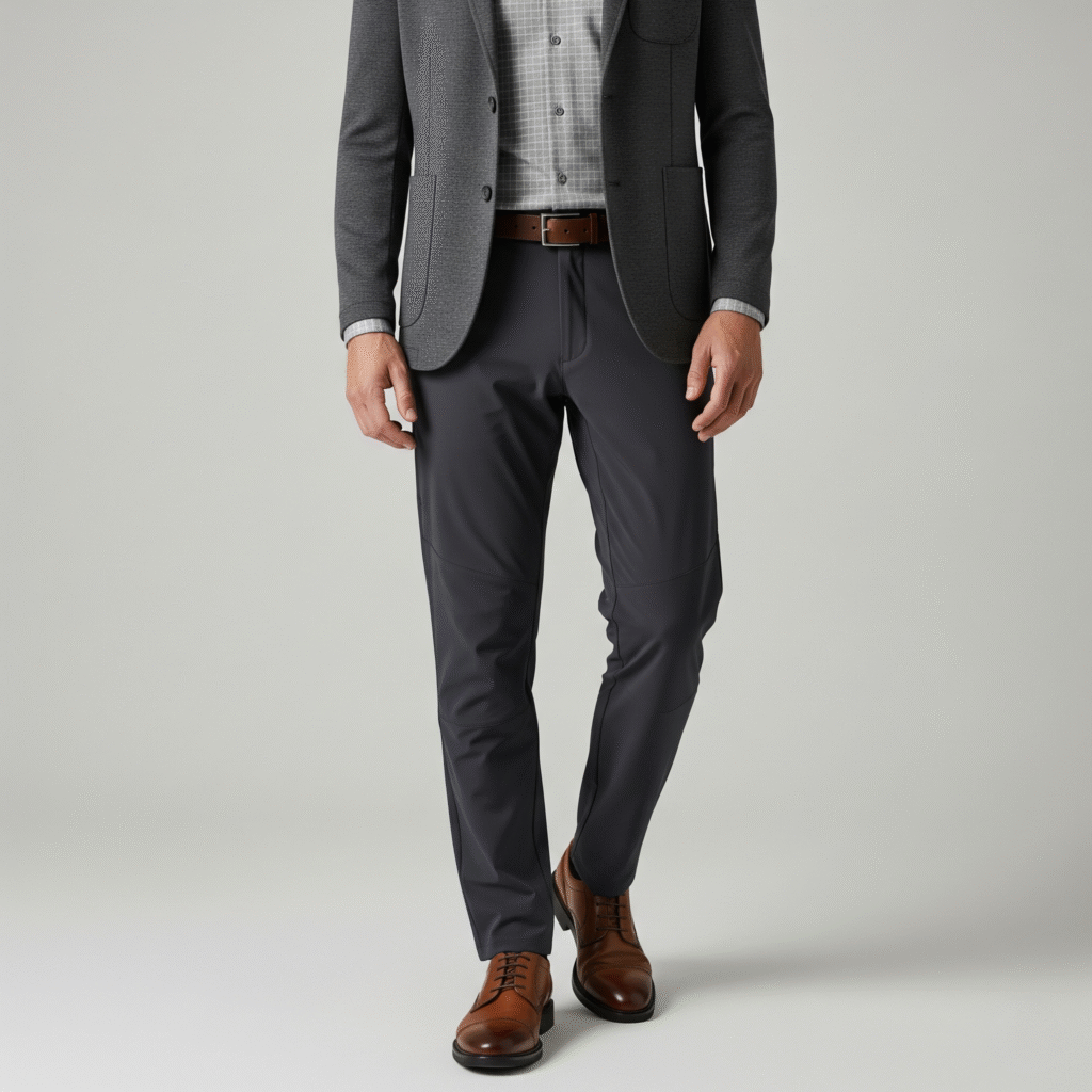 A man wearing a stylish yet functional workwear outfit with a charcoal performance blazer, grey performance trousers, and brown hybrid dress shoes against a grey background.