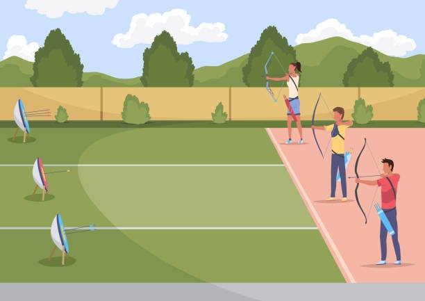 Three archers practicing on an outdoor range with targets, set against a scenic backdrop of trees and mountains as tactical hobbies.