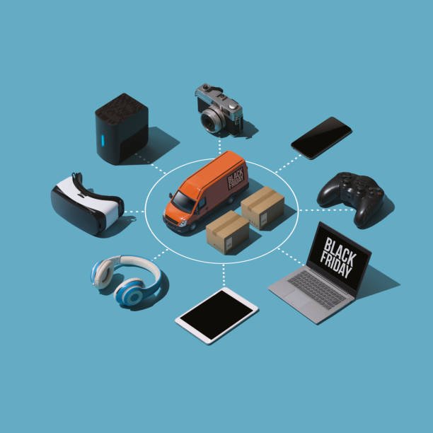 An isometric illustration of a van surrounded by essential tech gadgets for van life, including a laptop, camera, smart speaker, and headphones, symbolizing the process of shopping for and outfitting a rig with the best gear.