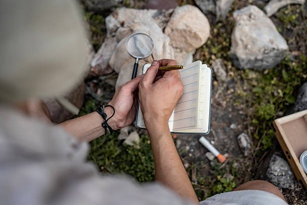 Image of a person writing in a journal with a magnifying glass and tools nearby on a rocky outdoor terrain, symbolizing wilderness journaling, alongside the title "Wilderness Journaling: 7 Warrior Habits to Cultivate Clarity, Strength & Survival Instincts."